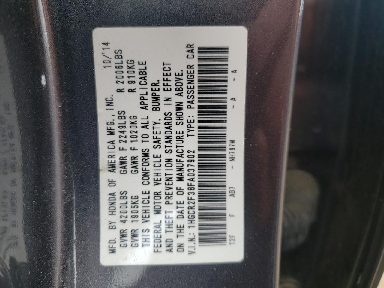 Photo 10 from auction – 2015 HONDA ACCORD LX with VIN 1HGCR2F38FA037902