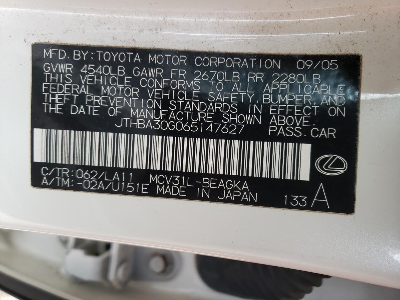 Photo 10 from auction – 2006 LEXUS ES 330 with VIN JTHBA30G065147627