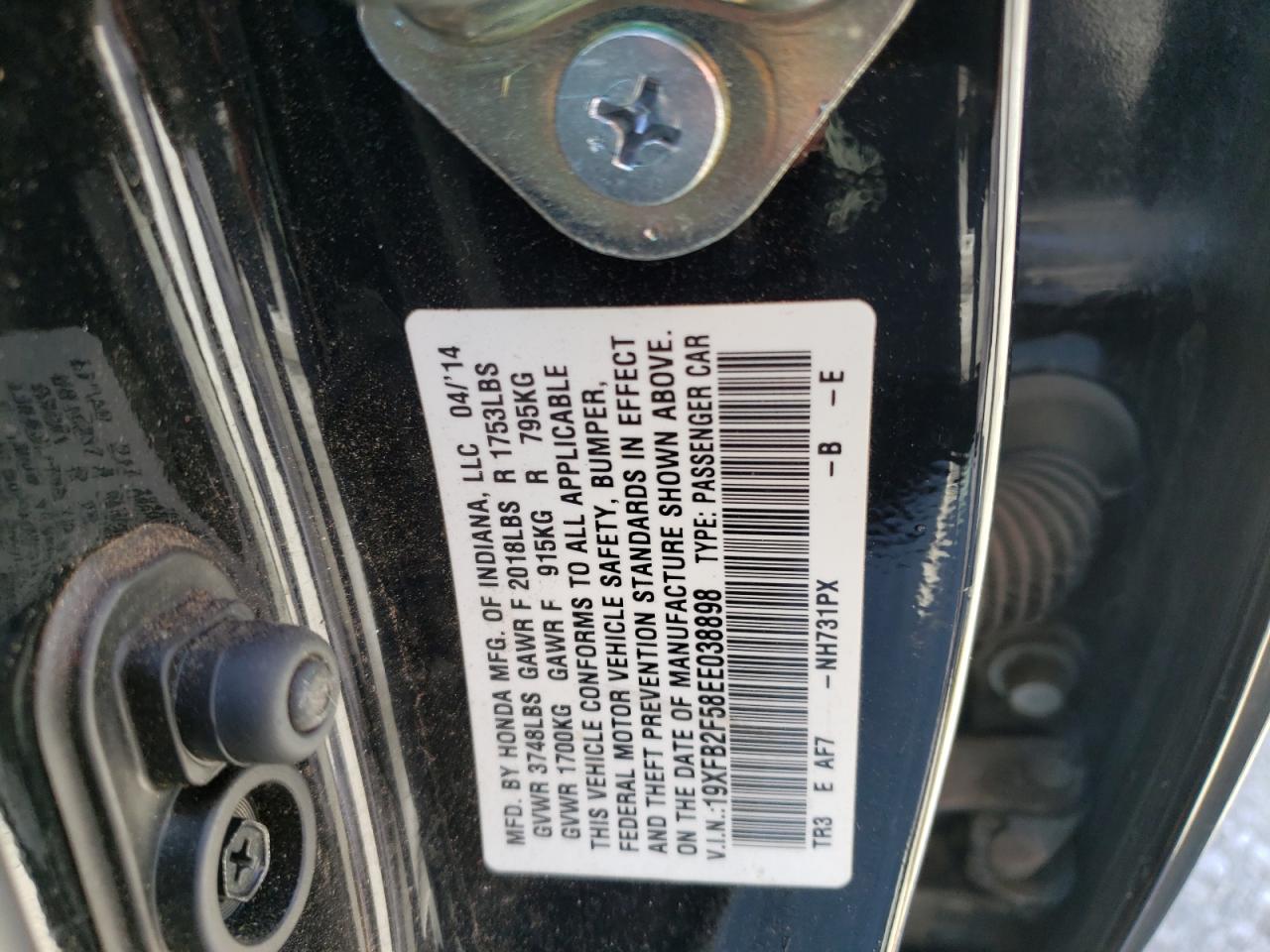 Photo 10 from auction – 2014 HONDA CIVIC LX with VIN 19XFB2F58EE038898