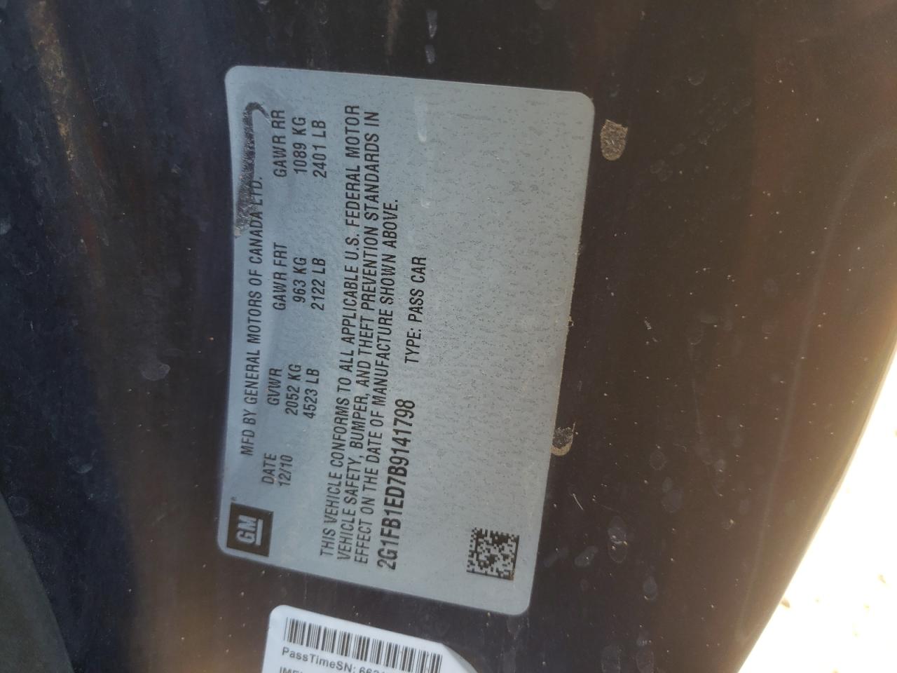 Photo 10 from auction – 2011 CHEVROLET CAMARO LT with VIN 2G1FB1ED7B9141798