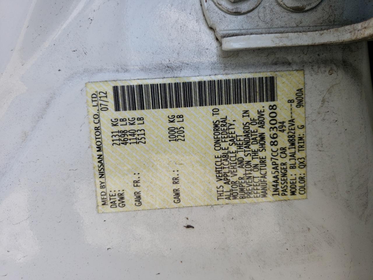 Photo 10 from auction – 2012 NISSAN MAXIMA S with VIN 1N4AA5AP7CC863008