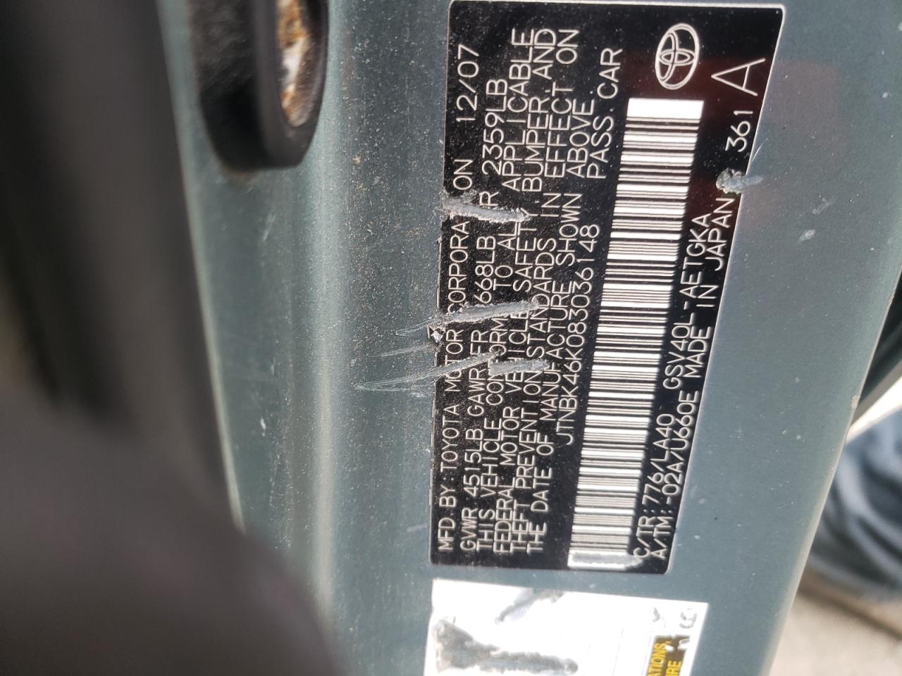 Photo 10 from auction – 2008 TOYOTA CAMRY LE with VIN JTNBK46K083036148