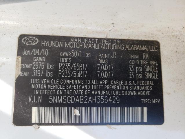 Photo 10 from auction – 2010 HYUNDAI SANTA FE G with VIN 5NMSGDAB2AH356429