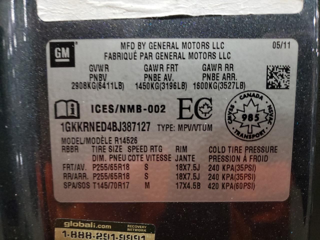 Photo 10 from auction – 2011 GMC ACADIA SLE with VIN 1GKKRNED4BJ387127