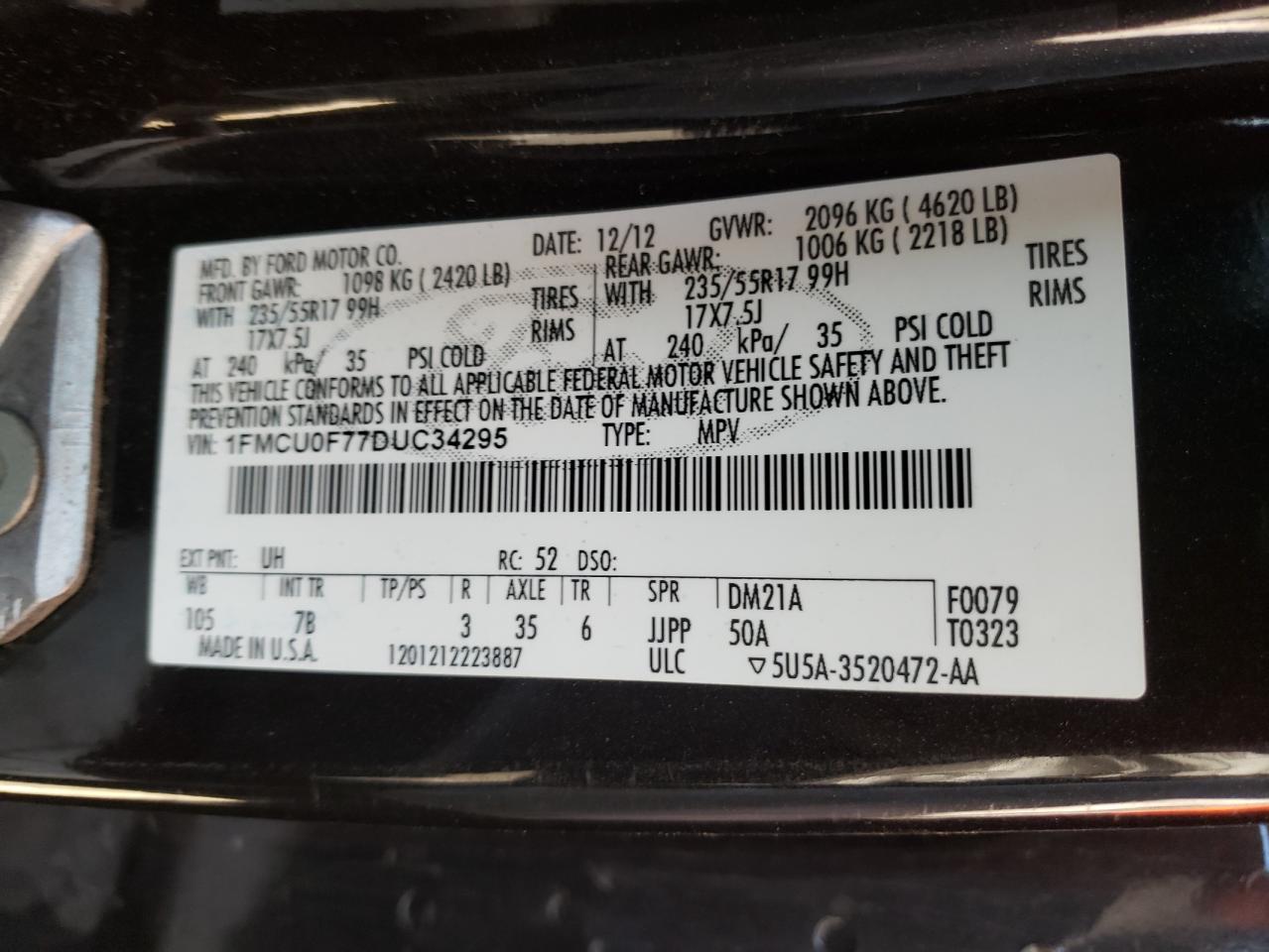 Photo 10 from auction – 2013 FORD ESCAPE S with VIN 1FMCU0F77DUC34295