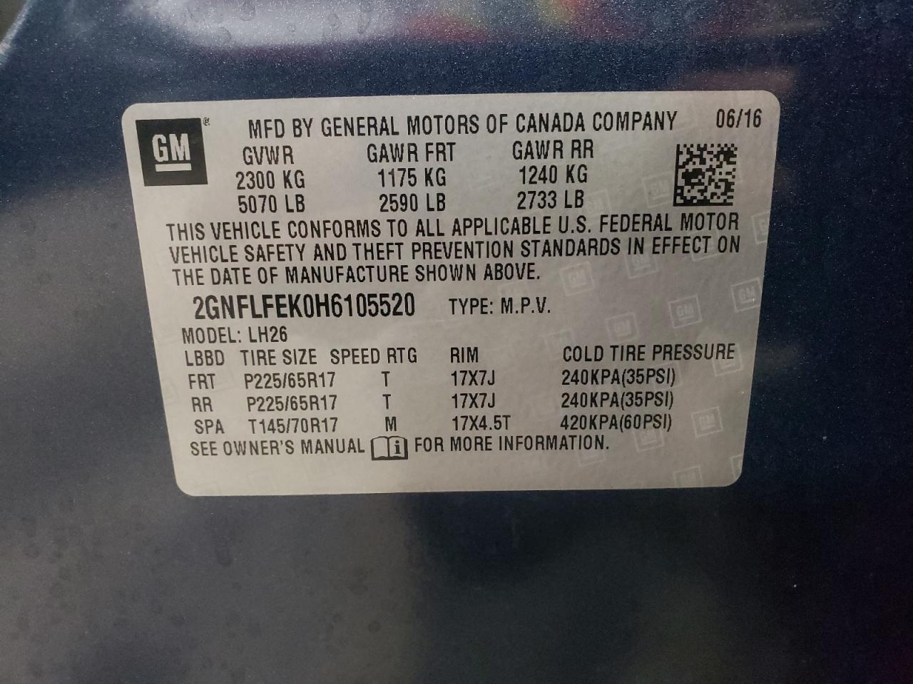 Photo 10 from auction – 2017 CHEVROLET EQUINOX LT with VIN 2GNFLFEK0H6105520
