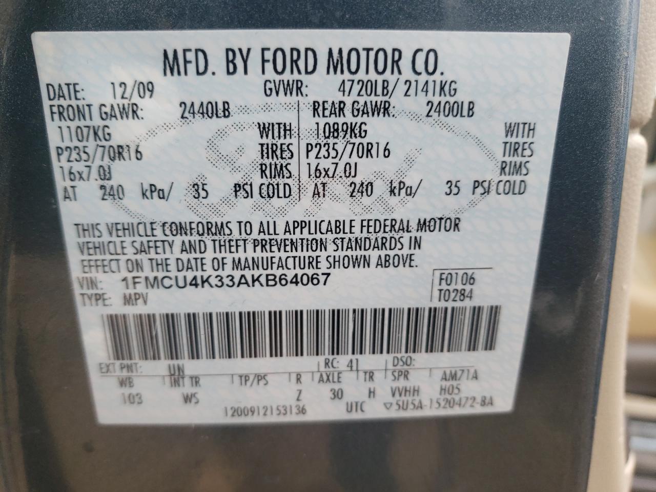 Photo 10 from auction – 2010 FORD ESCAPE HYB with VIN 1FMCU4K33AKB64067