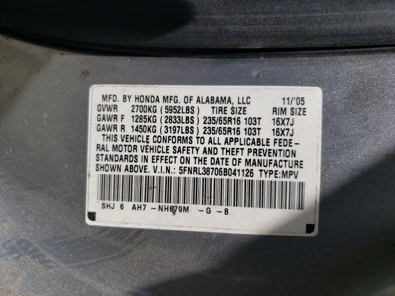 Photo 10 from auction – 2006 HONDA ODYSSEY EX with VIN 5FNRL38706B041126