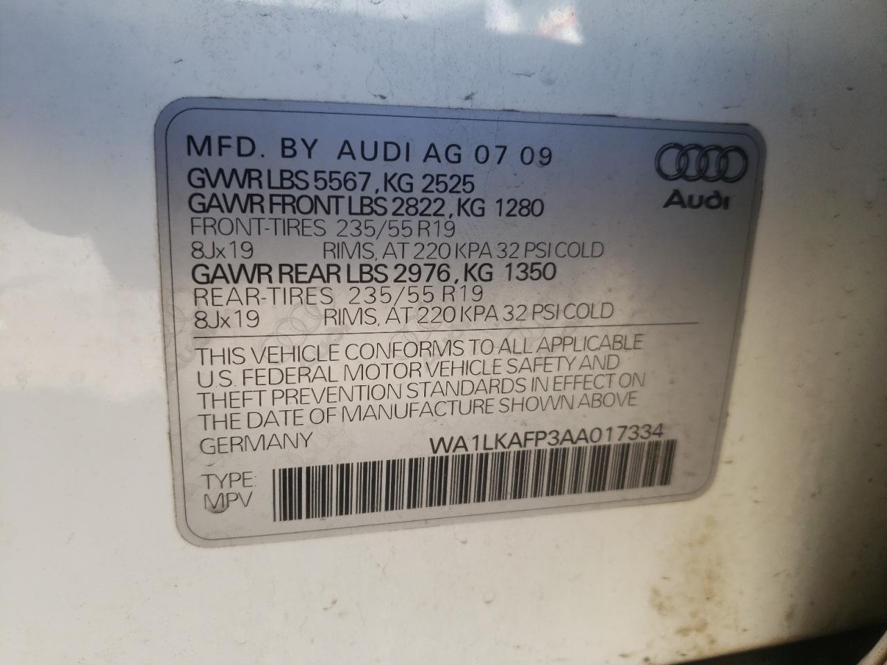 Photo 10 from auction – 2010 AUDI Q5 PREMIUM with VIN WA1LKAFP3AA017334