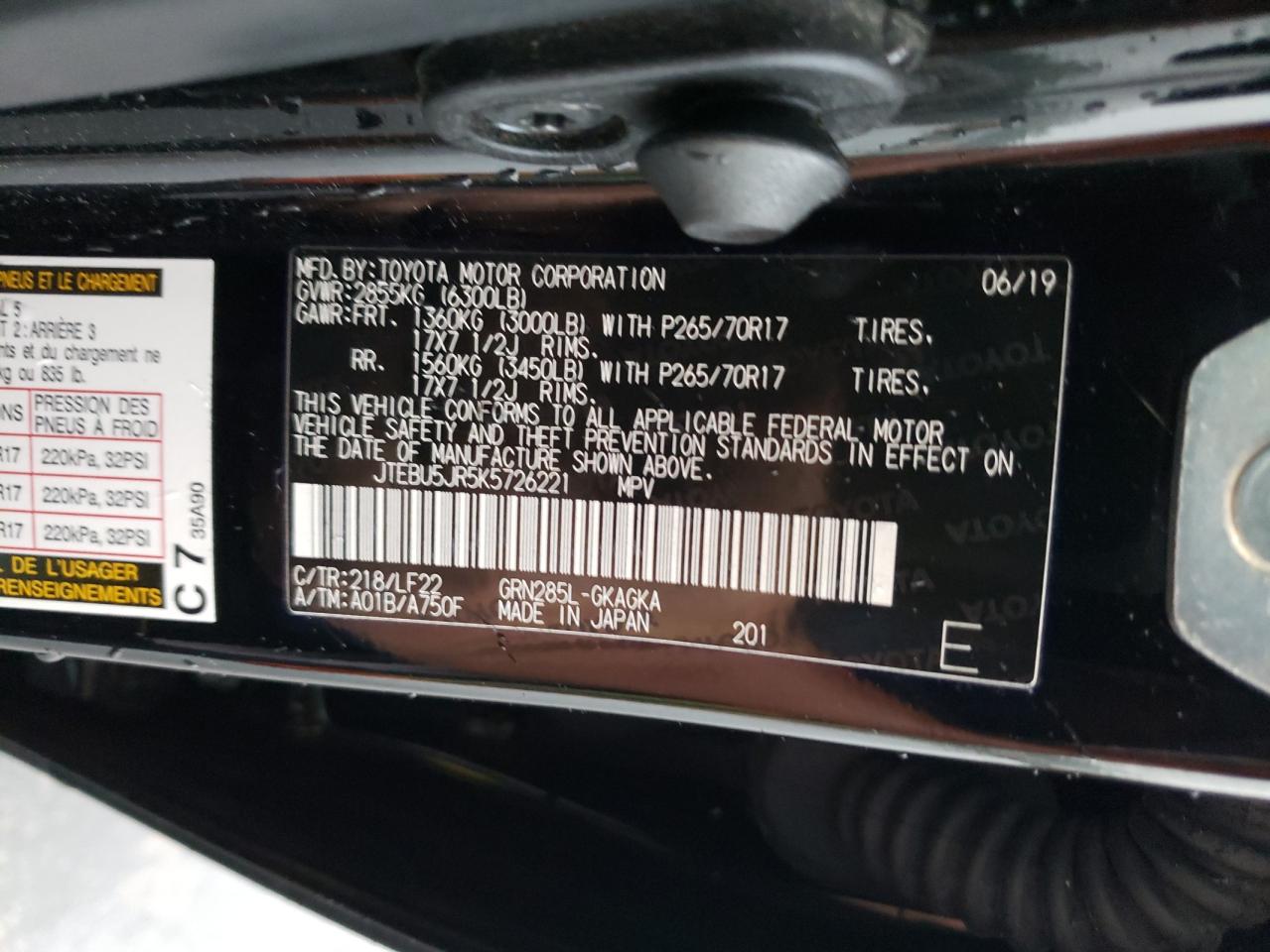 Photo 10 from auction – 2019 TOYOTA 4RUNNER SR with VIN JTEBU5JR5K5726221