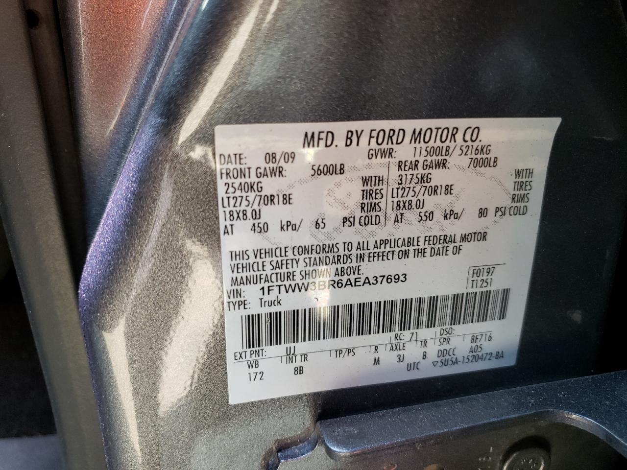 Photo 10 from auction – 2010 FORD F350 SUPER with VIN 1FTWW3BR6AEA37693
