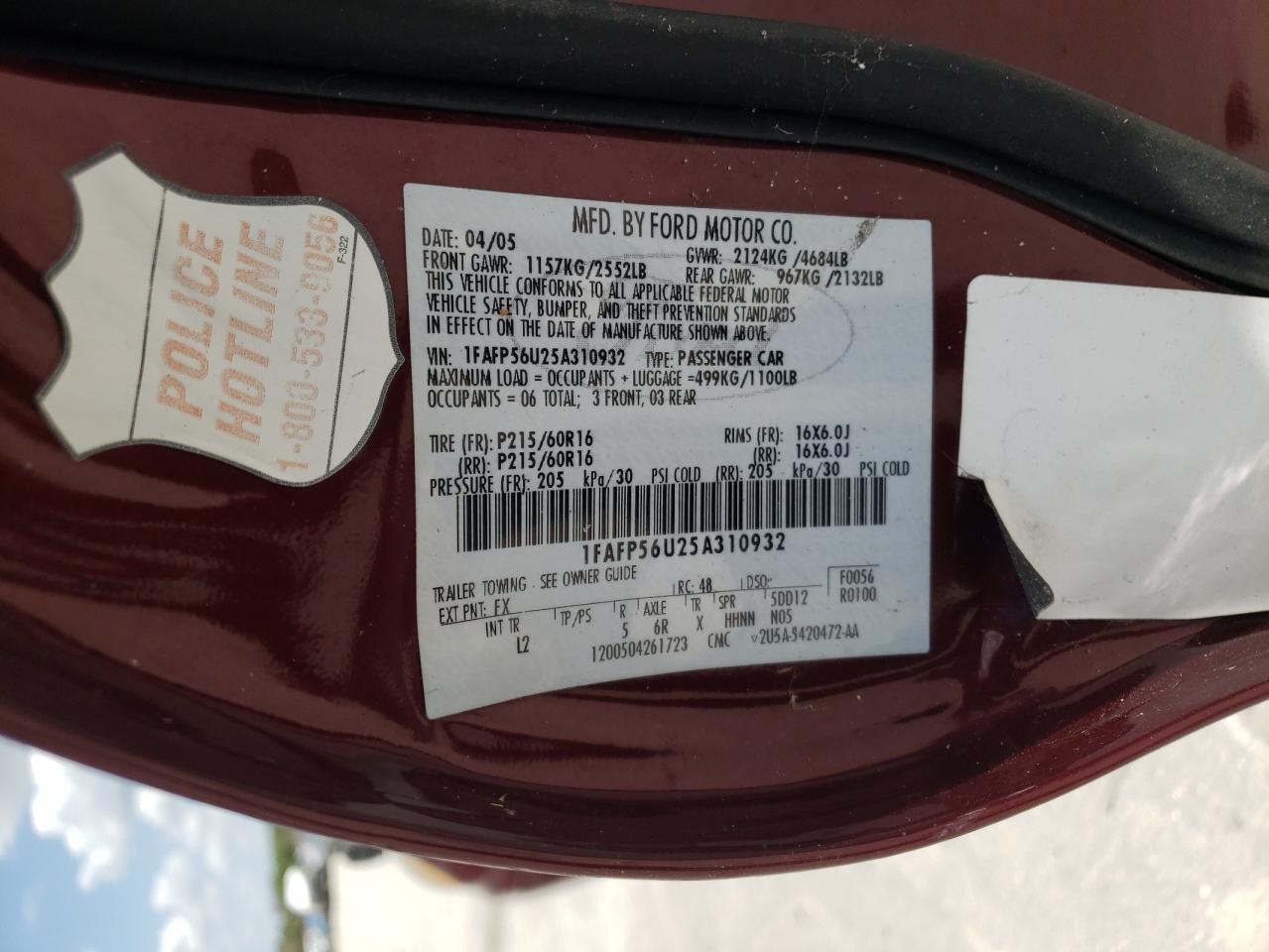 Photo 10 from auction – 2005 FORD TAURUS with VIN 1FAFP56U25A310932