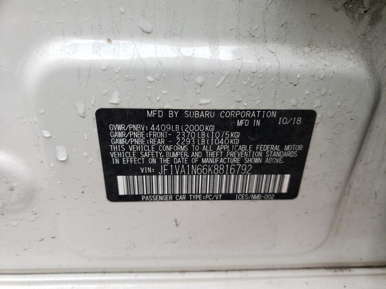 Photo 11 from auction – 2019 SUBARU WRX LIMITE with VIN JF1VA1N66K8816792