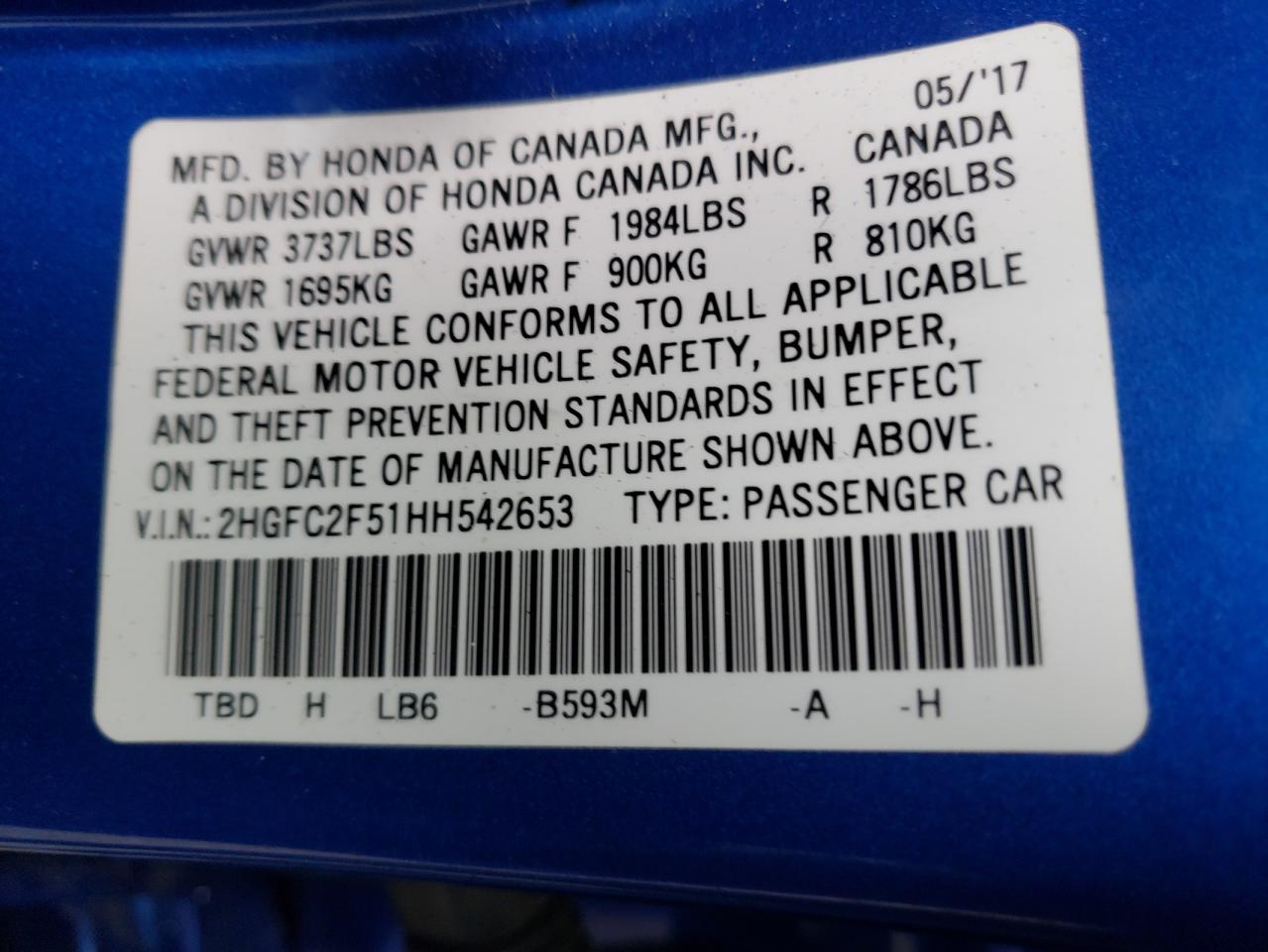 Photo 20 from auction – 2017 HONDA CIVIC LX with VIN 2HGFC2F51HH542653