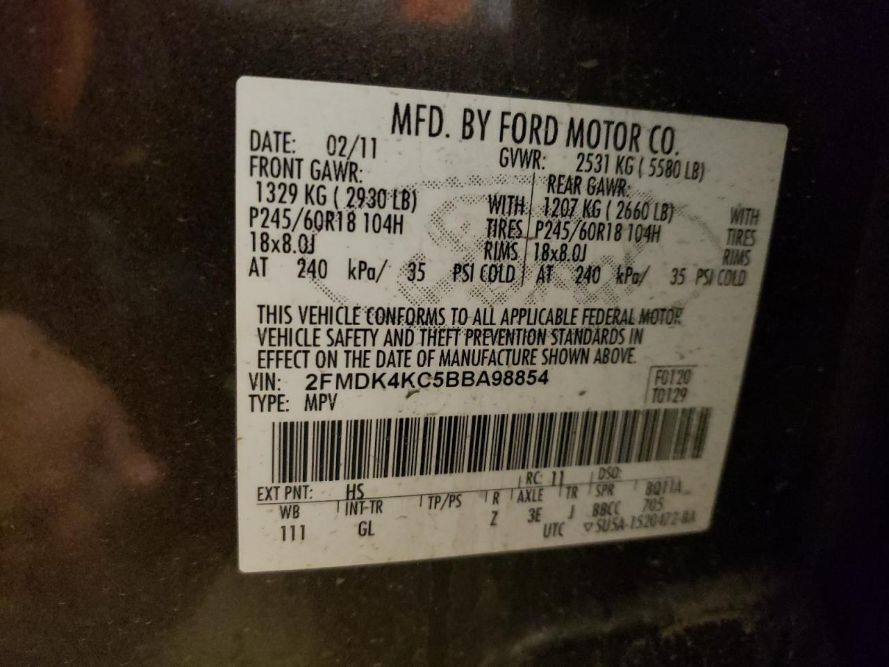 Photo 10 from auction – 2011 FORD EDGE LIMIT with VIN 2FMDK4KC5BBA98854