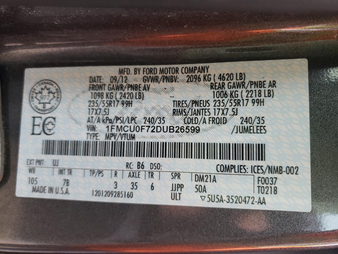 Photo 10 from auction – 2013 FORD ESCAPE S with VIN 1FMCU0F72DUB26599
