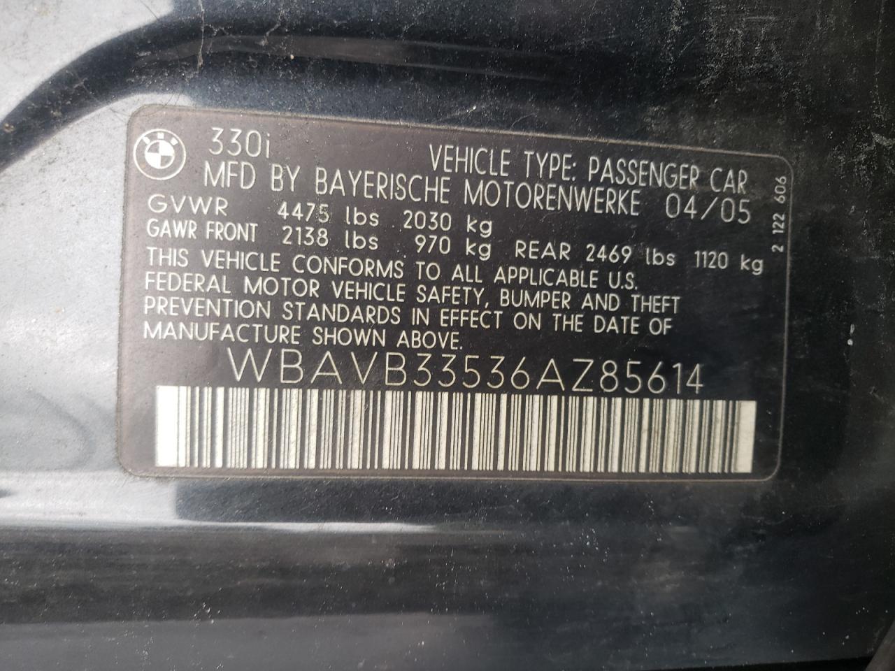 Photo 10 from auction – 2006 BMW 330 I with VIN WBAVB33536AZ85614