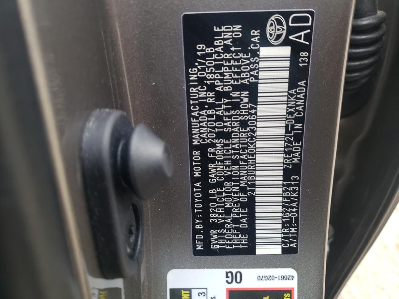 Photo 10 from auction – 2019 TOYOTA COROLLA L with VIN 2T1BURHE0KC230647
