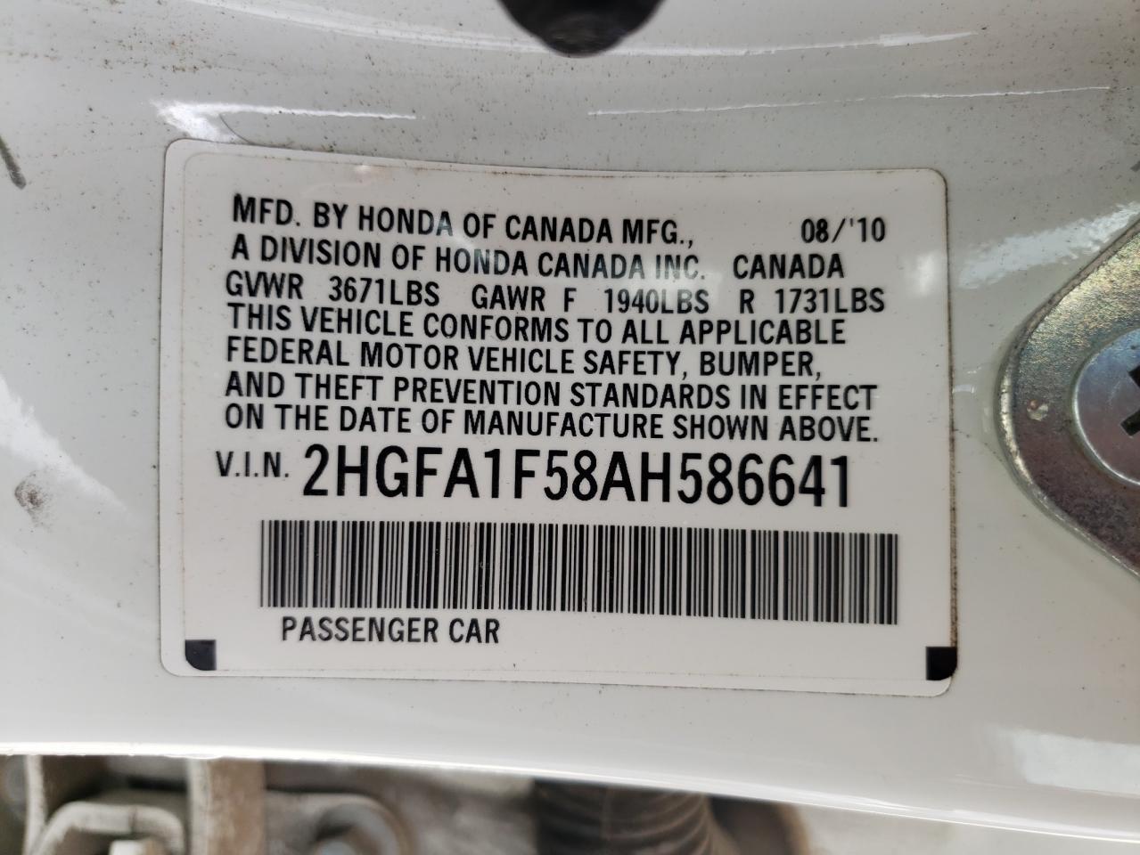 Photo 10 from auction – 2010 HONDA CIVIC LX with VIN 2HGFA1F58AH586641