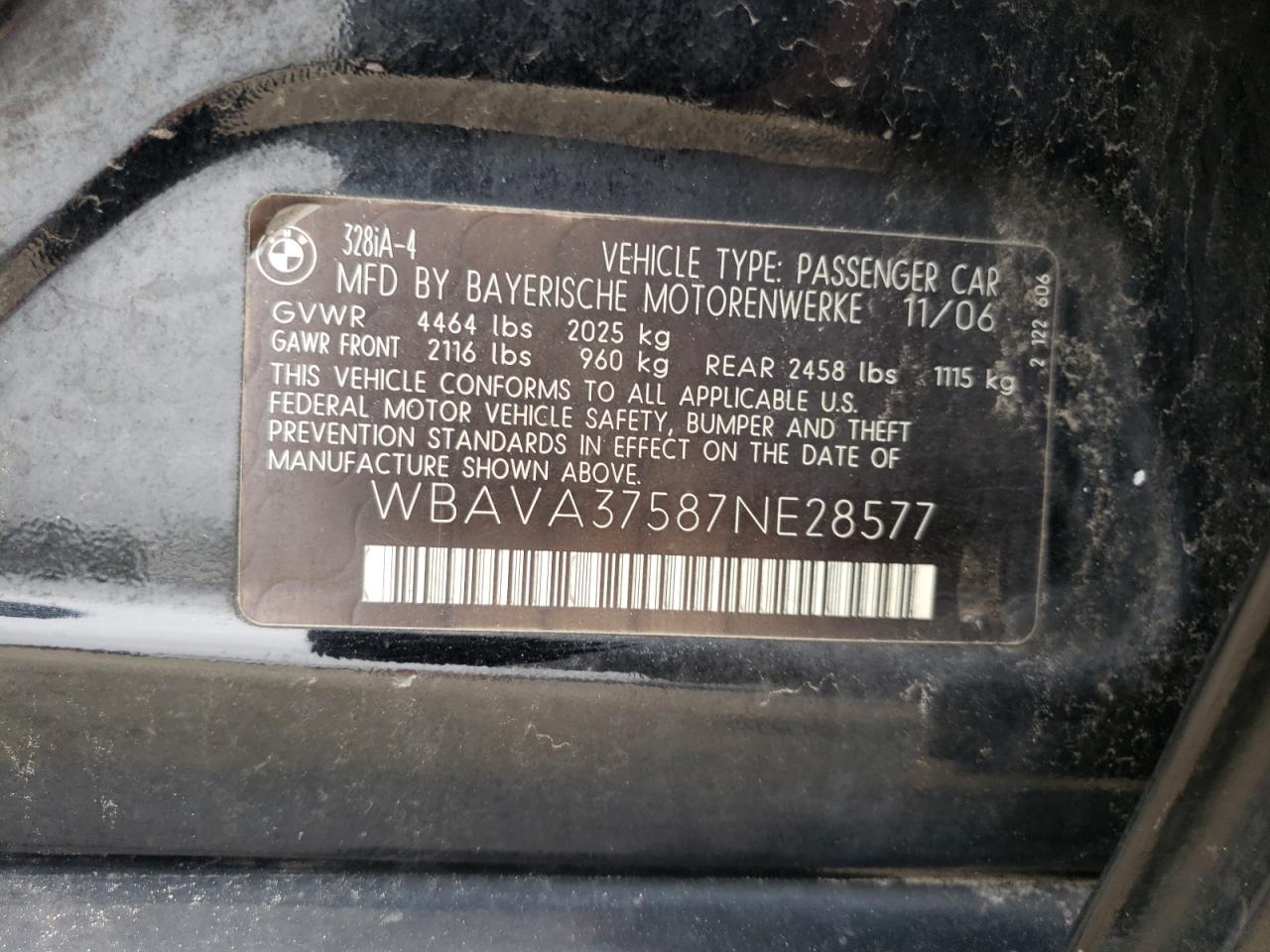 Photo 10 from auction – 2007 BMW 328 I with VIN WBAVA37587NE28577
