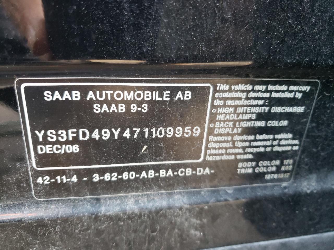 Photo 10 from auction – 2007 SAAB 9-3 2.0T with VIN YS3FD49Y471109959
