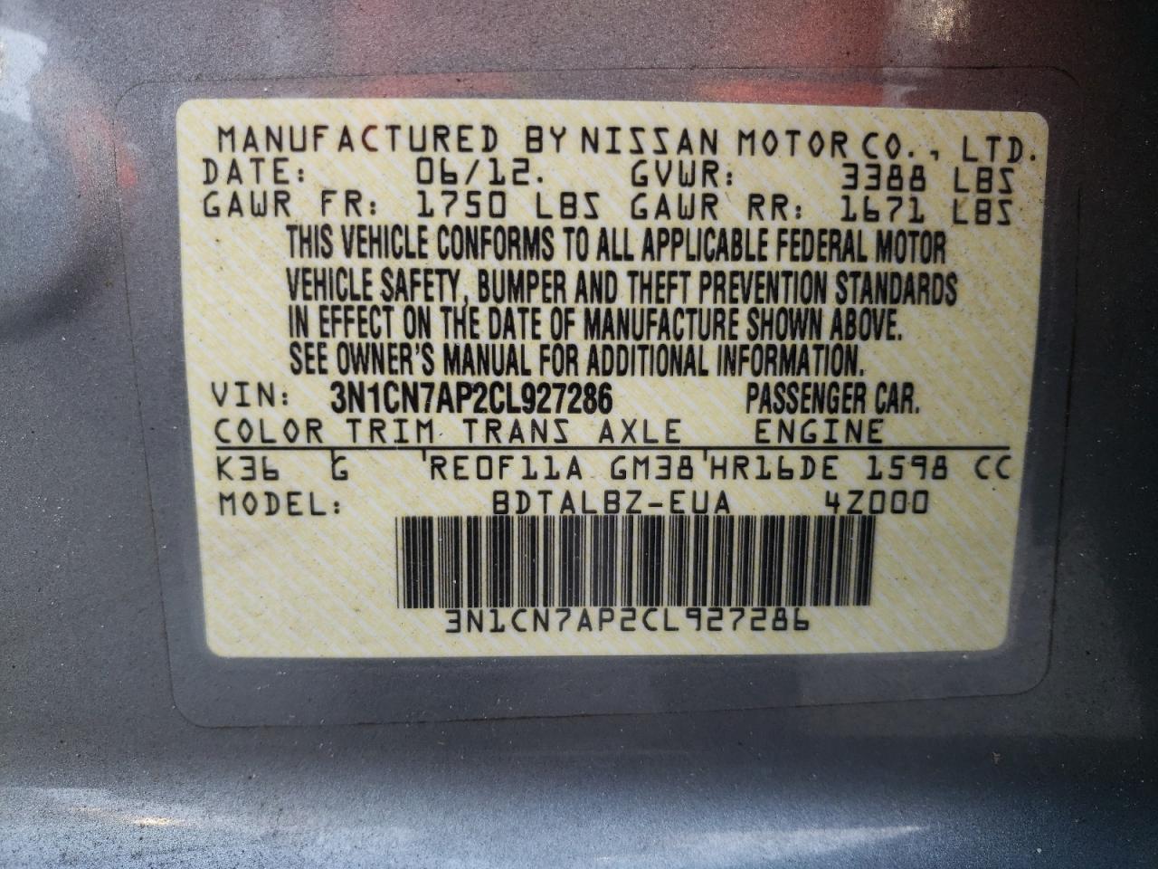 Zdjęcie 10 z aukcji – 2012 NISSAN VERSA S z VIN 3N1CN7AP2CL927286