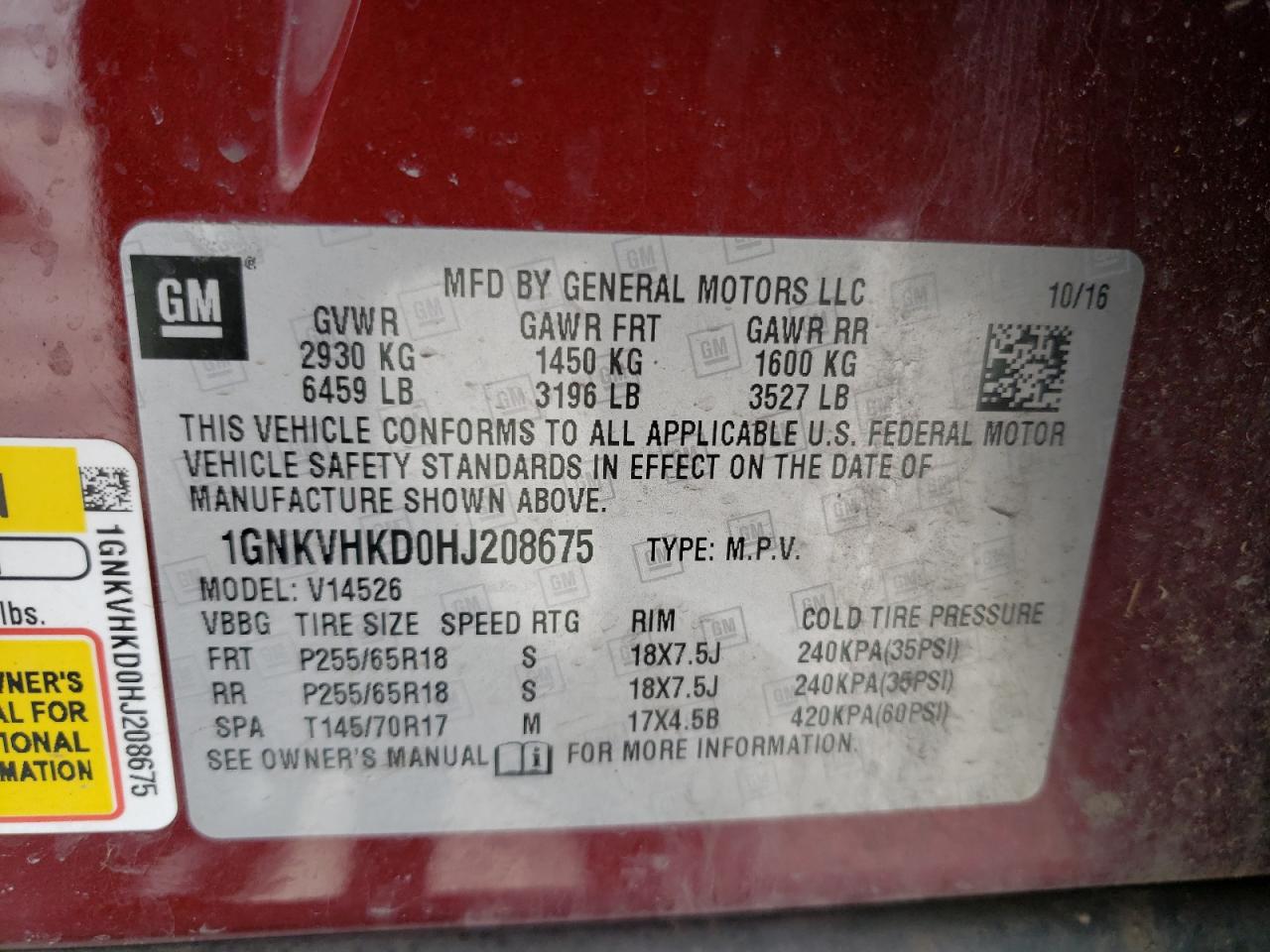 Photo 10 from auction – 2017 CHEVROLET TRAVERSE L with VIN 1GNKVHKD0HJ208675