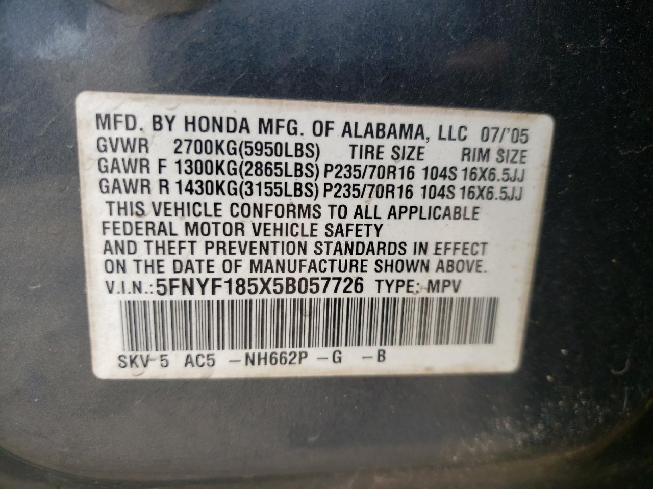 Photo 10 from auction – 2005 HONDA PILOT EXL with VIN 5FNYF185X5B057726