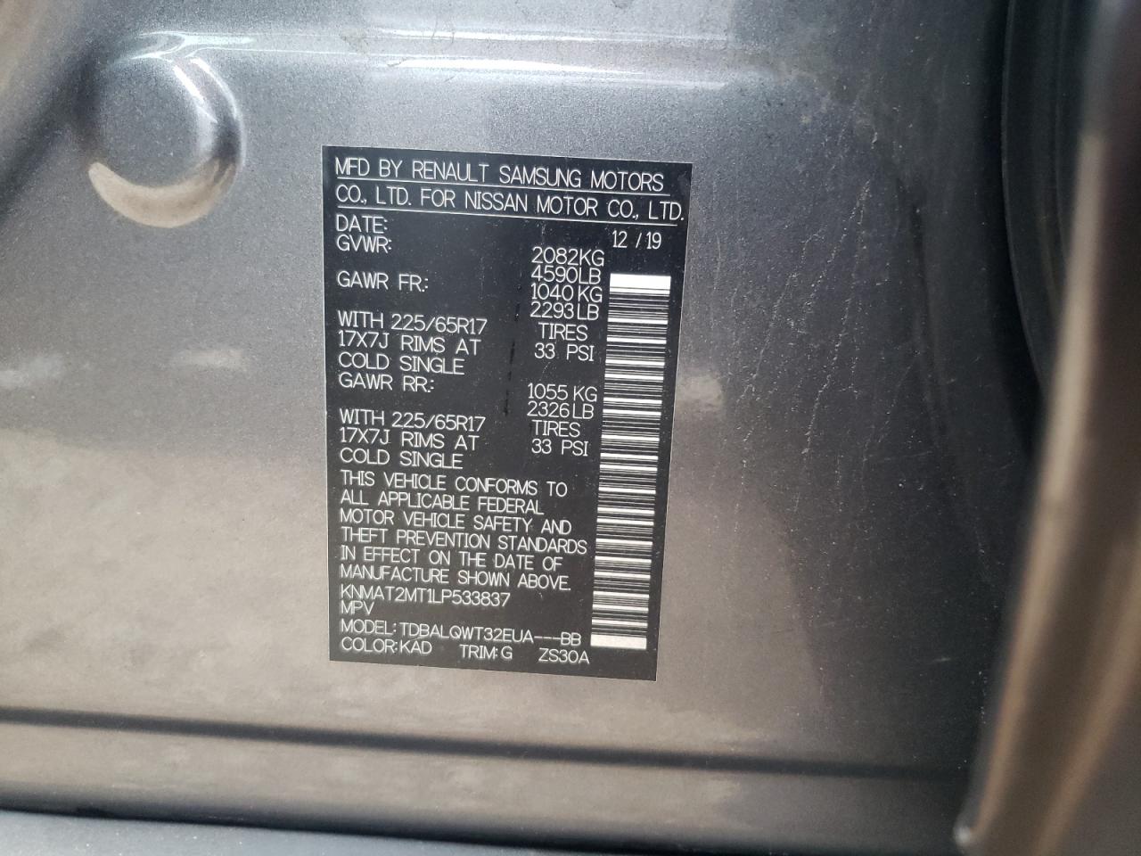 Photo 10 from auction – 2020 NISSAN ROGUE S with VIN KNMAT2MT1LP533837