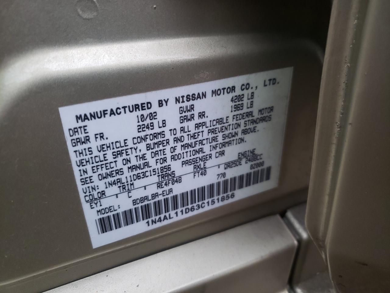 Photo 10 from auction – 2003 NISSAN ALTIMA with VIN 1N4AL11D63C151856