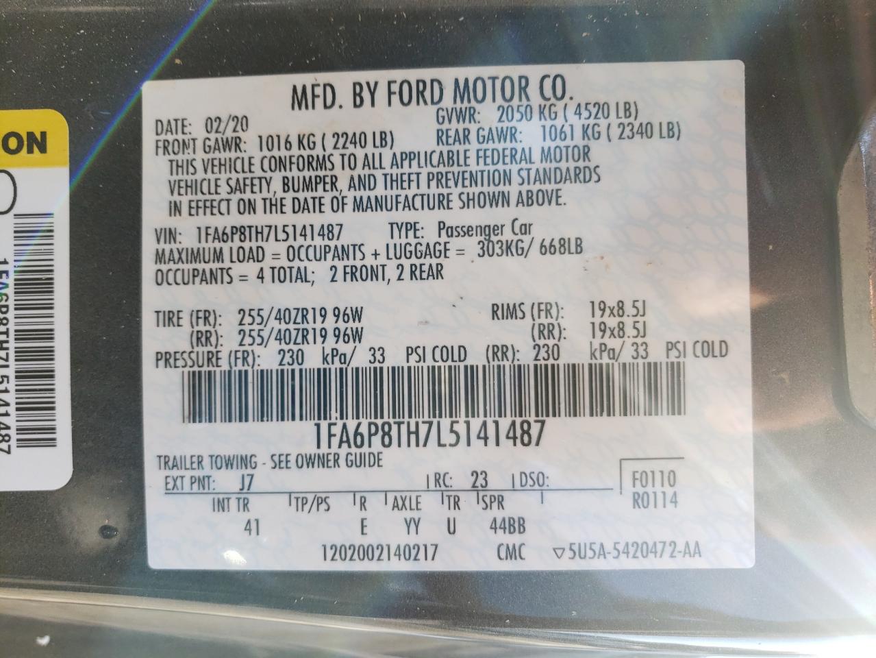 Photo 10 from auction – 2020 FORD MUSTANG with VIN 1FA6P8TH7L5141487