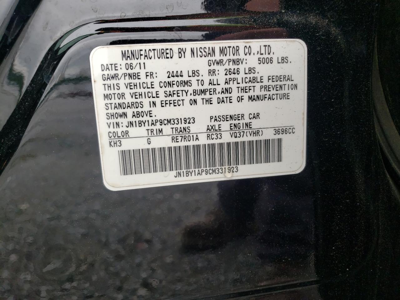 Photo 10 from auction – 2012 INFINITI M37 with VIN JN1BY1AP9CM331923