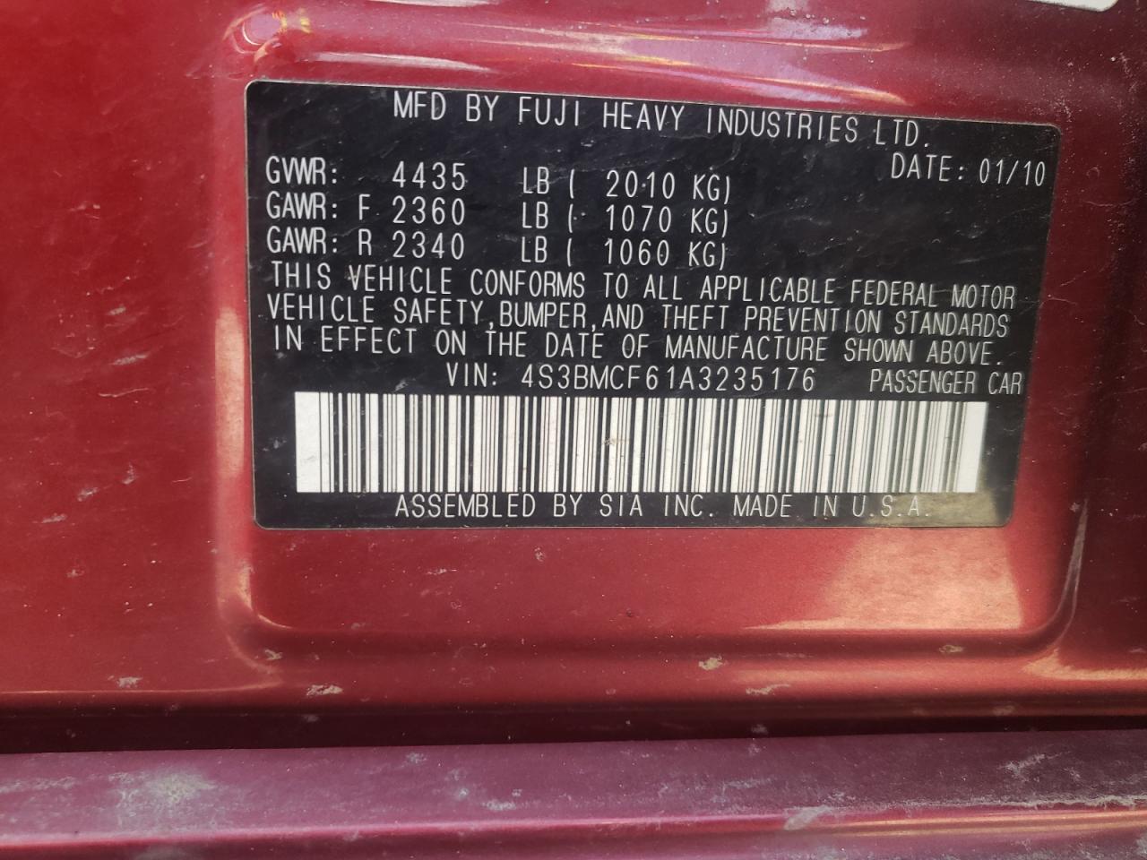 Photo 10 from auction – 2010 SUBARU LEGACY 2.5 with VIN 4S3BMCF61A3235176