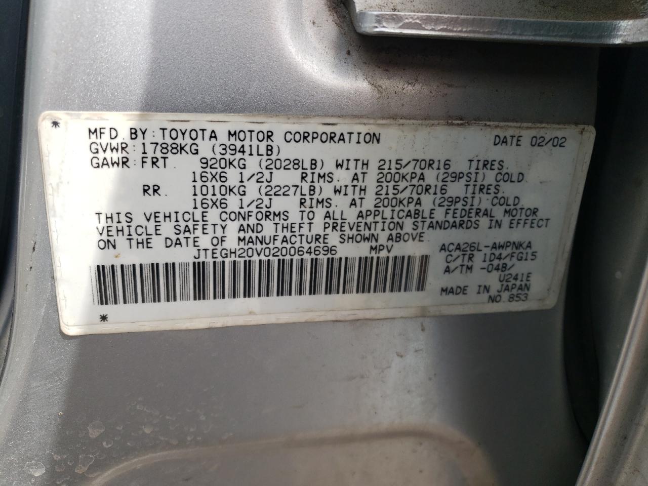 Photo 10 from auction – 2002 TOYOTA RAV4 with VIN JTEGH20V020064696