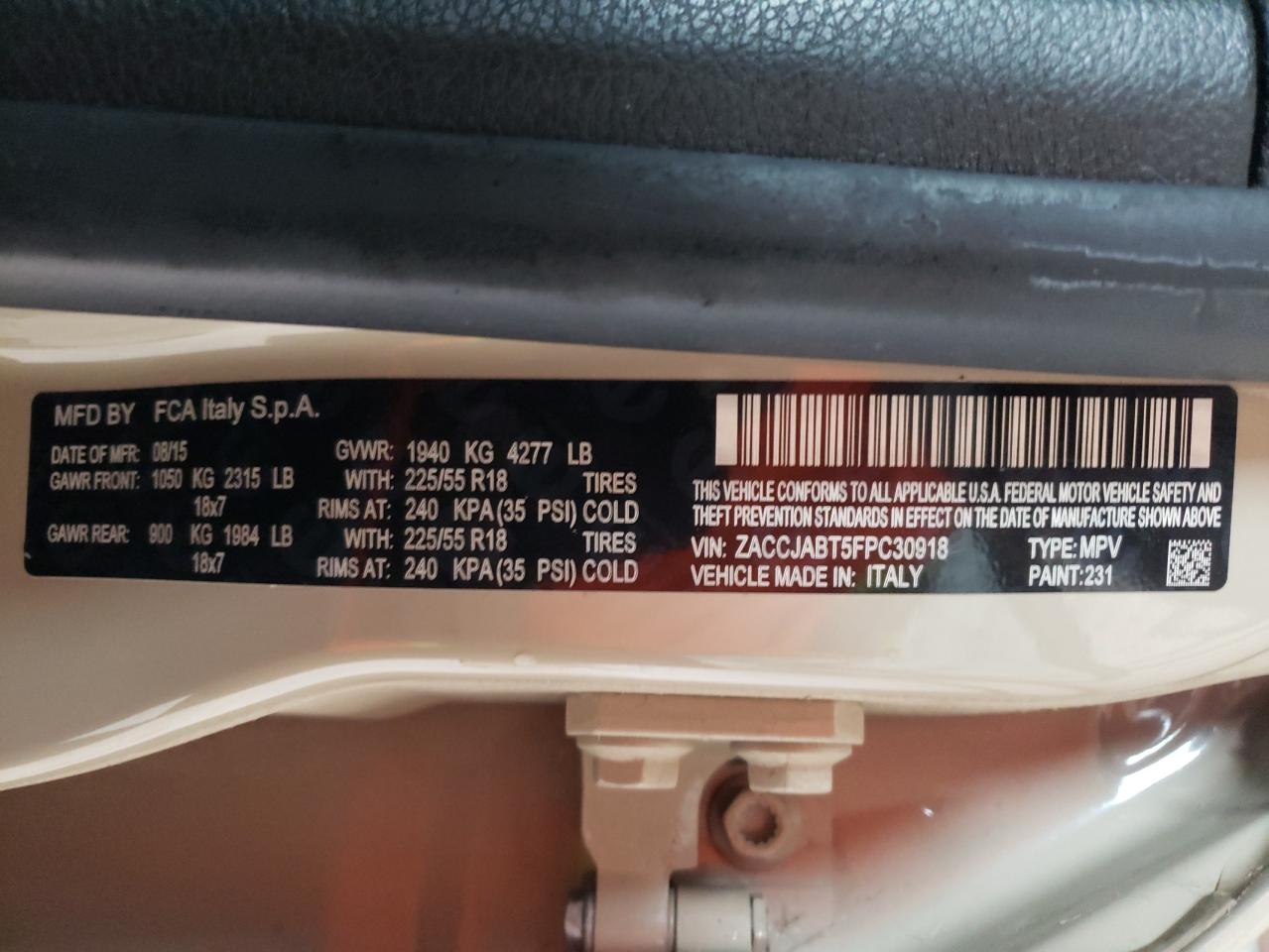 Photo 10 from auction – 2015 JEEP RENEGADE L with VIN ZACCJABT5FPC30918