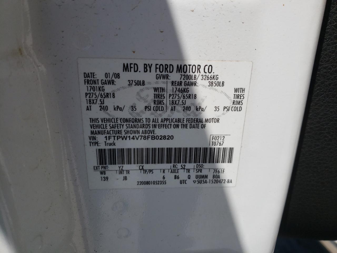 Photo 10 from auction – 2008 FORD F150 SUPER with VIN 1FTPW14V78FB02820