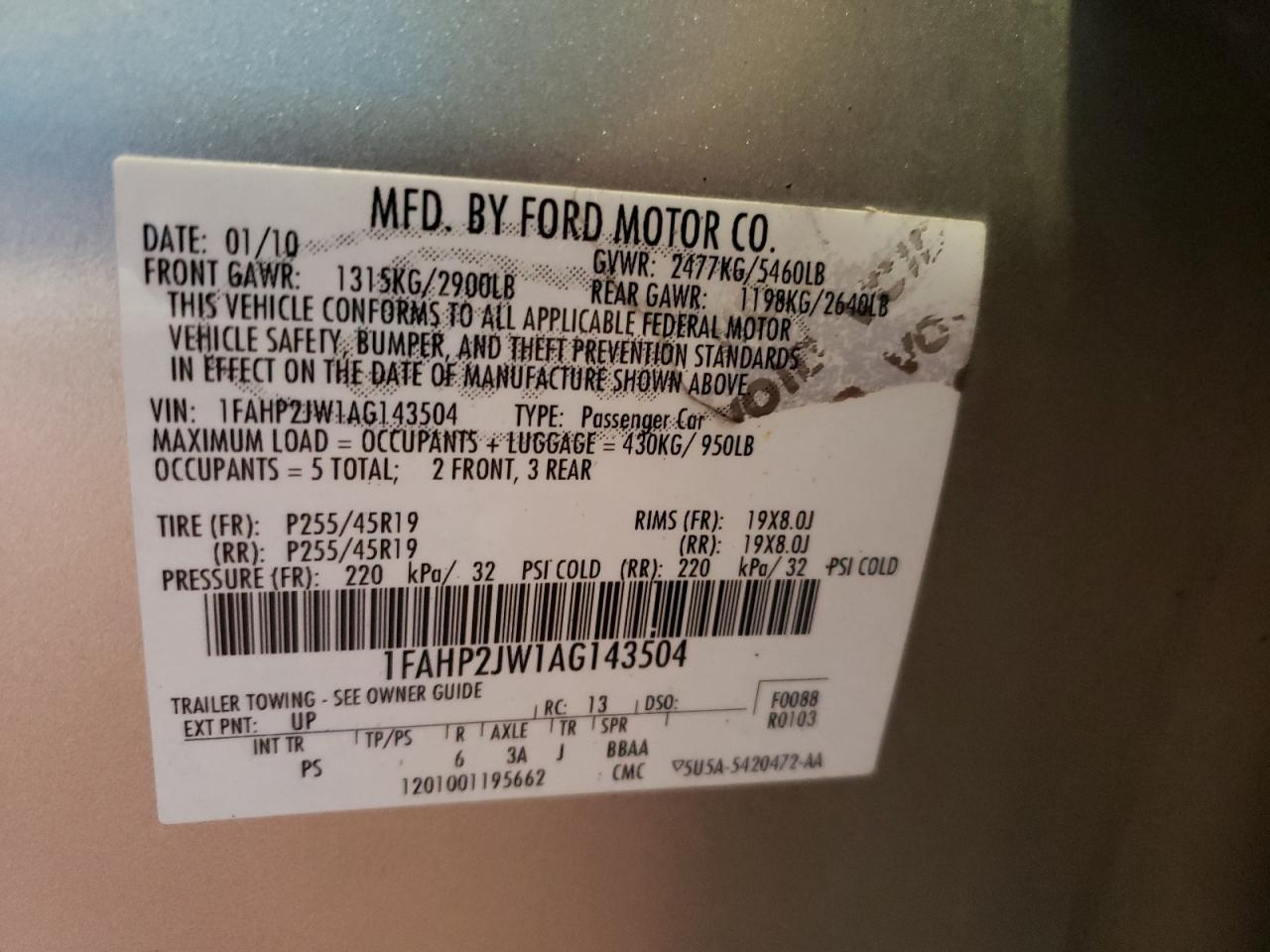 Photo 10 from auction – 2010 FORD TAURUS LIM with VIN 1FAHP2JW1AG143504