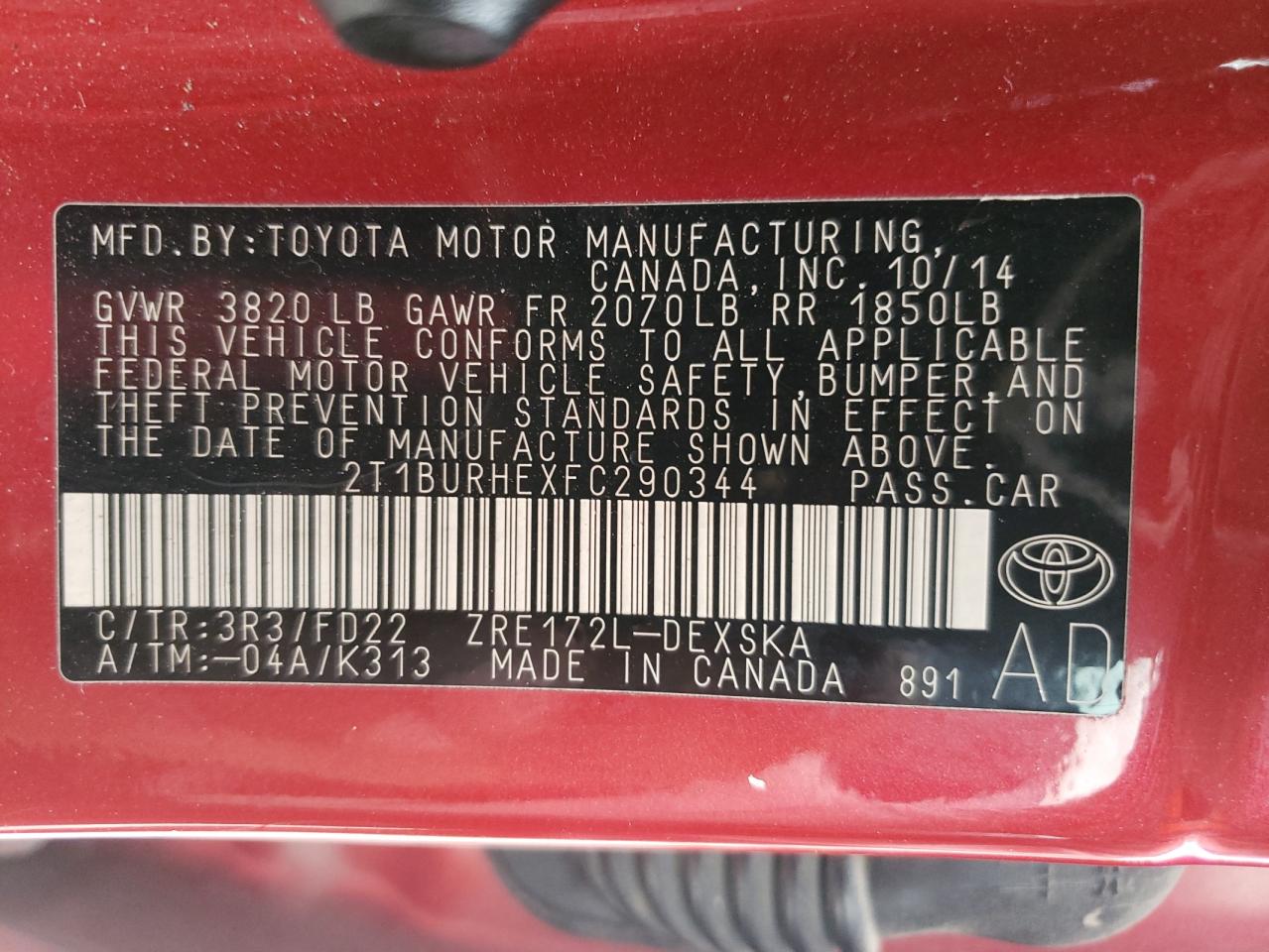 Photo 10 from auction – 2015 TOYOTA COROLLA L with VIN 2T1BURHEXFC290344