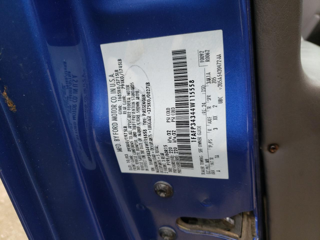 Photo 10 from auction – 2004 FORD FOCUS SE C with VIN 1FAFP34344W115558