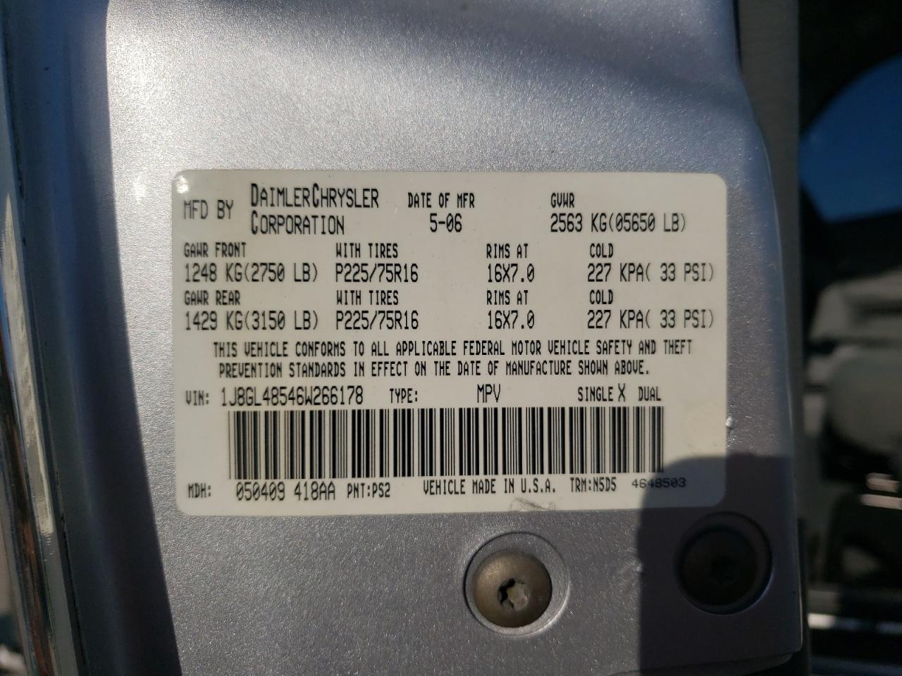 Photo 10 from auction – 2006 JEEP LIBERTY SP with VIN 1J8GL48546W266178