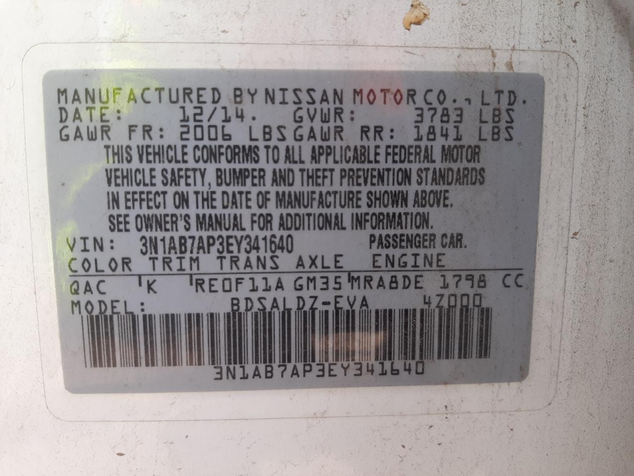 Photo 10 from auction – 2014 NISSAN SENTRA S with VIN 3N1AB7AP3EY341640
