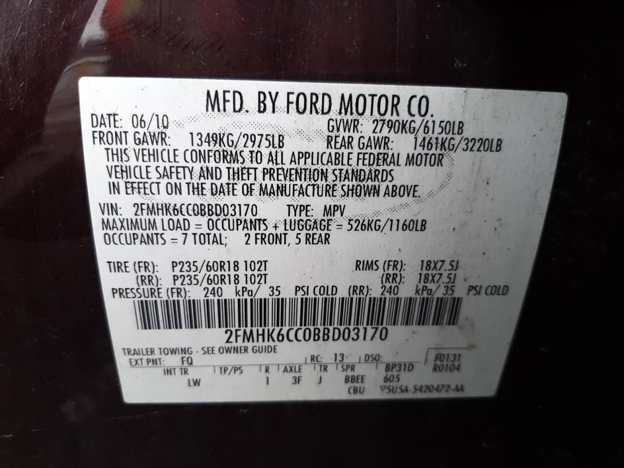 Photo 10 from auction – 2011 FORD FLEX SEL with VIN 2FMHK6CC0BBD03170