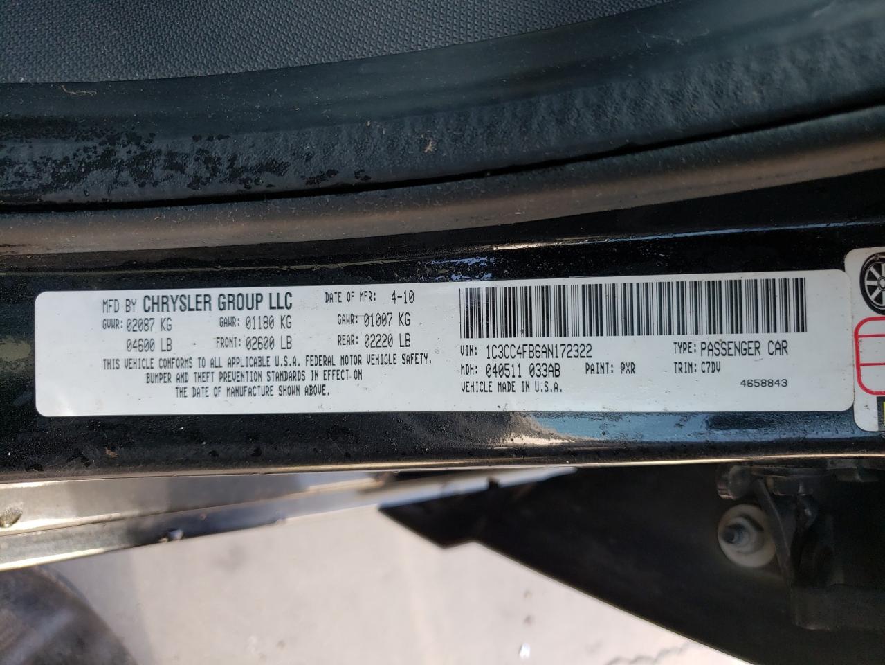 Photo 10 from auction – 2010 CHRYSLER SEBRING TO with VIN 1C3CC4FB6AN172322