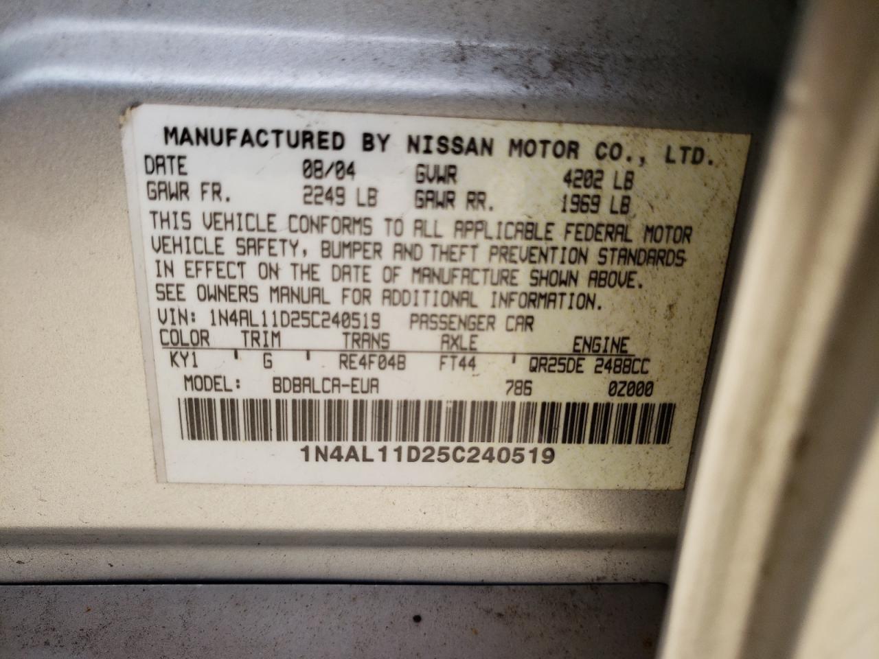 Photo 10 from auction – 2005 NISSAN ALTIMA S with VIN 1N4AL11D25C240519