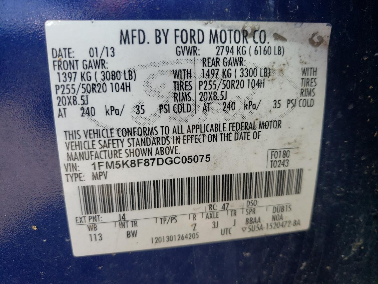Photo 10 from auction – 2013 FORD EXPLORER L with VIN 1FM5K8F87DGC05075