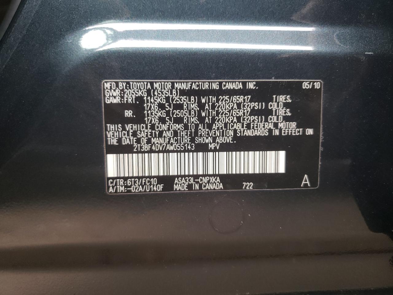 Photo 10 from auction – 2010 TOYOTA RAV4 with VIN 2T3BF4DV7AW055143