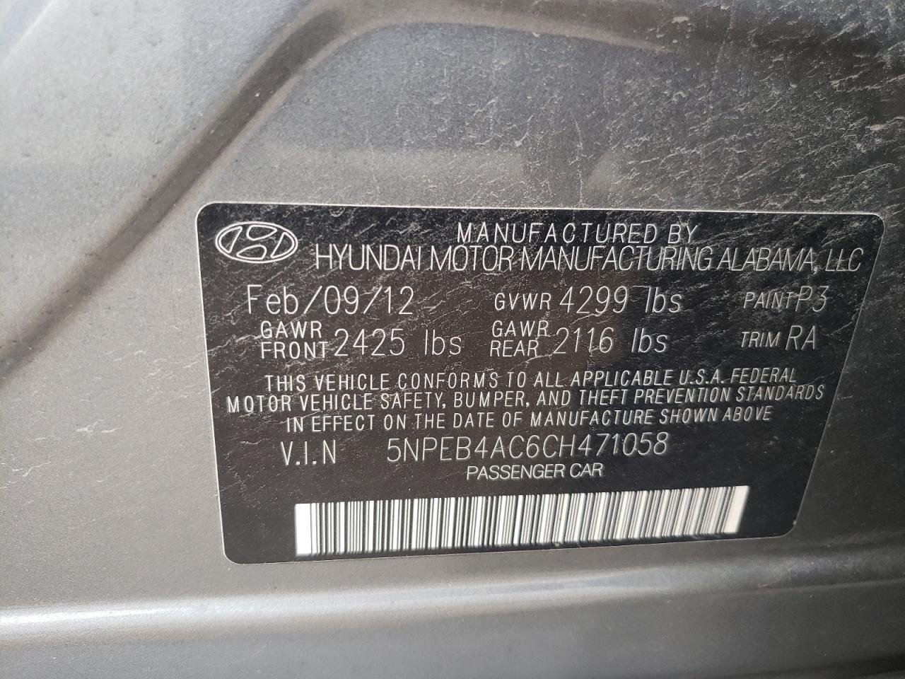 Photo 10 from auction – 2012 HYUNDAI SONATA GLS with VIN 5NPEB4AC6CH471058