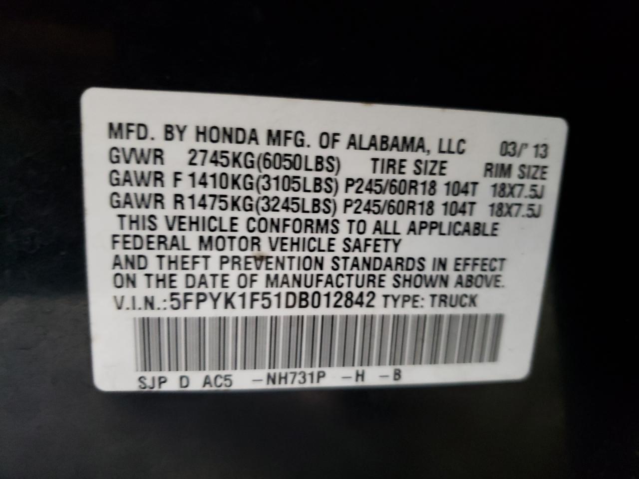Photo 10 from auction – 2013 HONDA RIDGELINE with VIN 5FPYK1F51DB012842