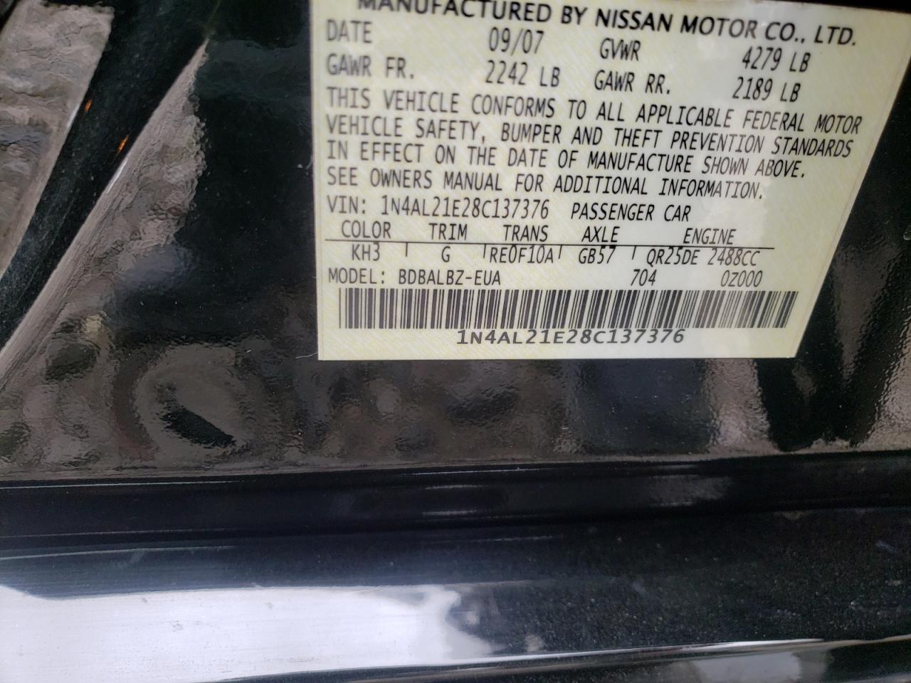 Photo 10 from auction – 2008 NISSAN ALTIMA with VIN 1N4AL21E28C137376