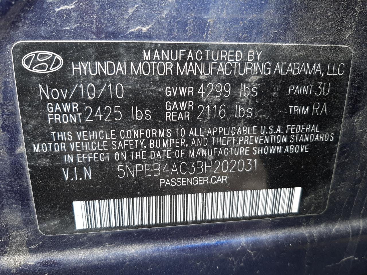 Photo 10 from auction – 2011 HYUNDAI SONATA GLS with VIN 5NPEB4AC3BH202031